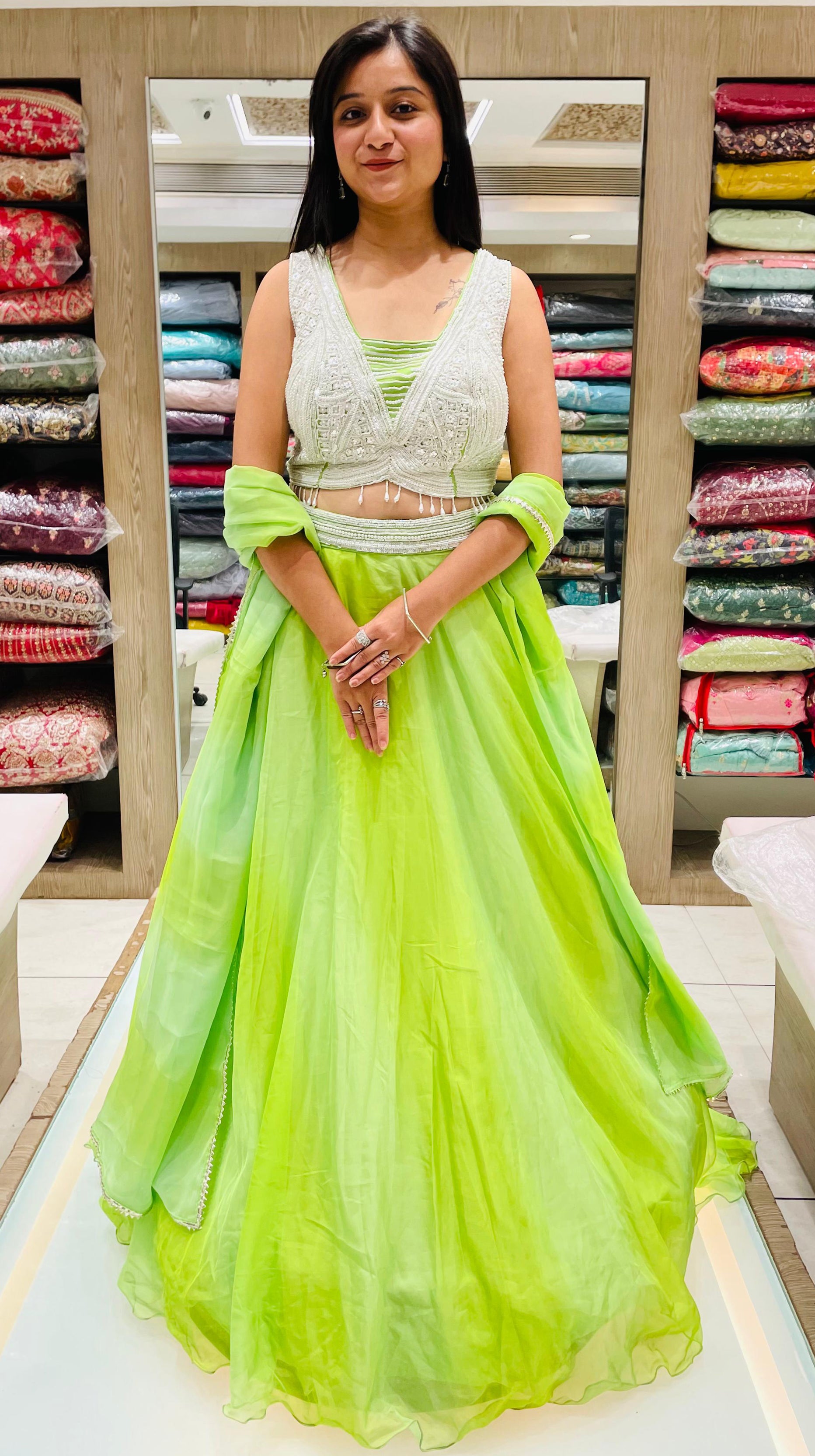 Parrot Green Color Georgette Beads Work Lehenga